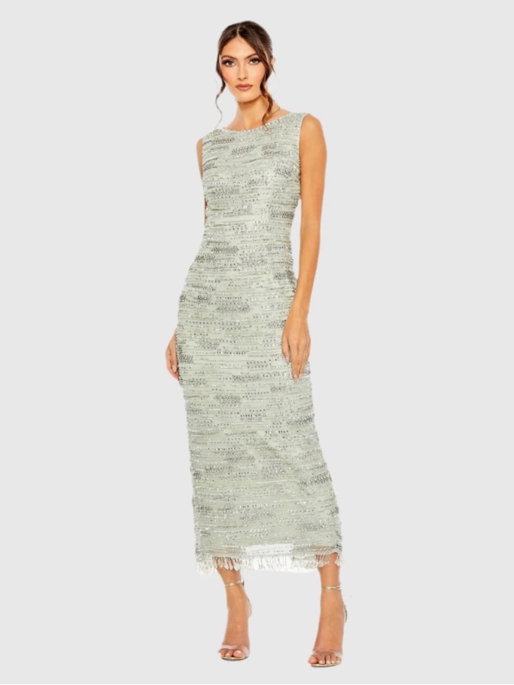 Mac Duggal 93834 Green Sleeveless Embellished Dress With Fringe Hem Size 8 Nwt
